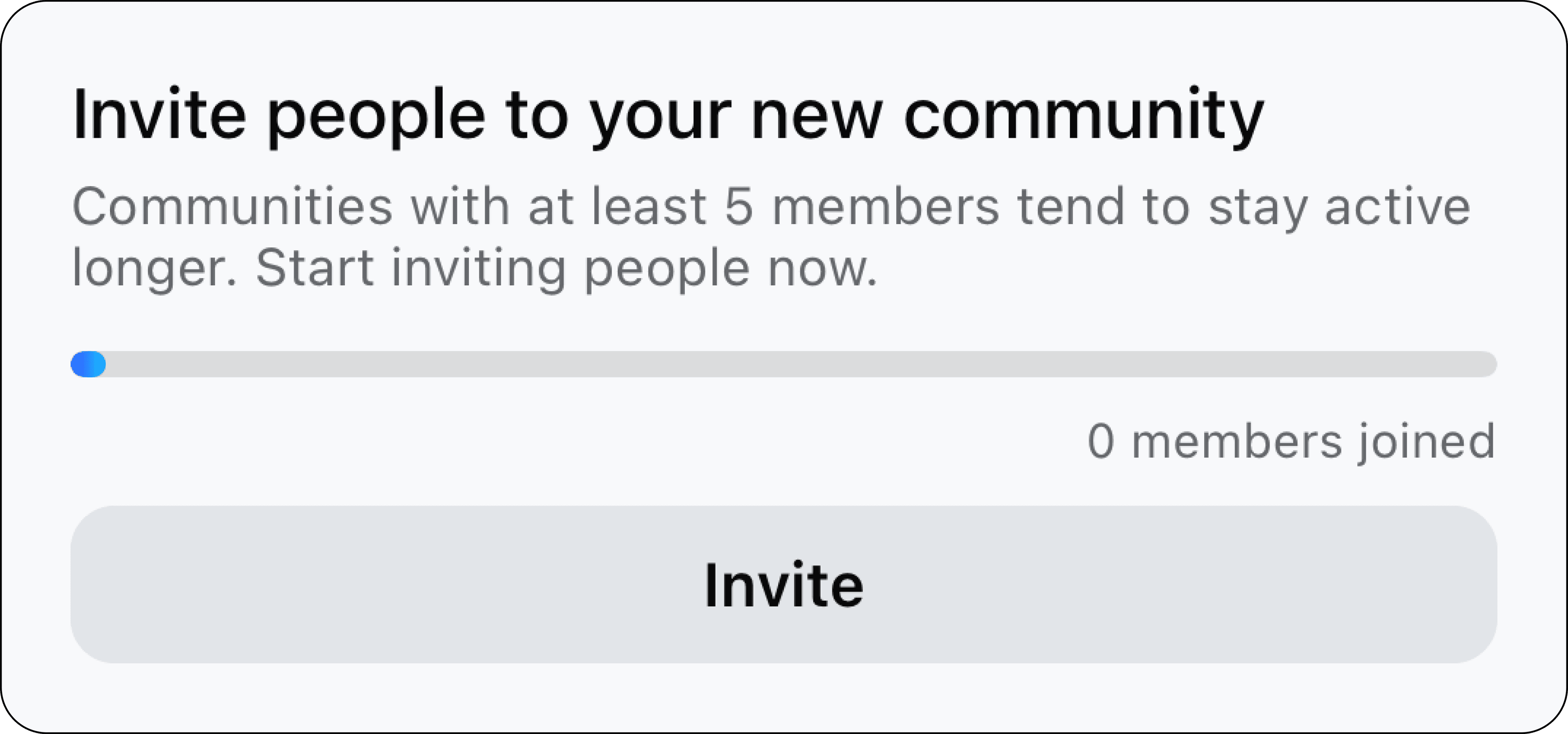 Invite banner showing a new community with 0 members