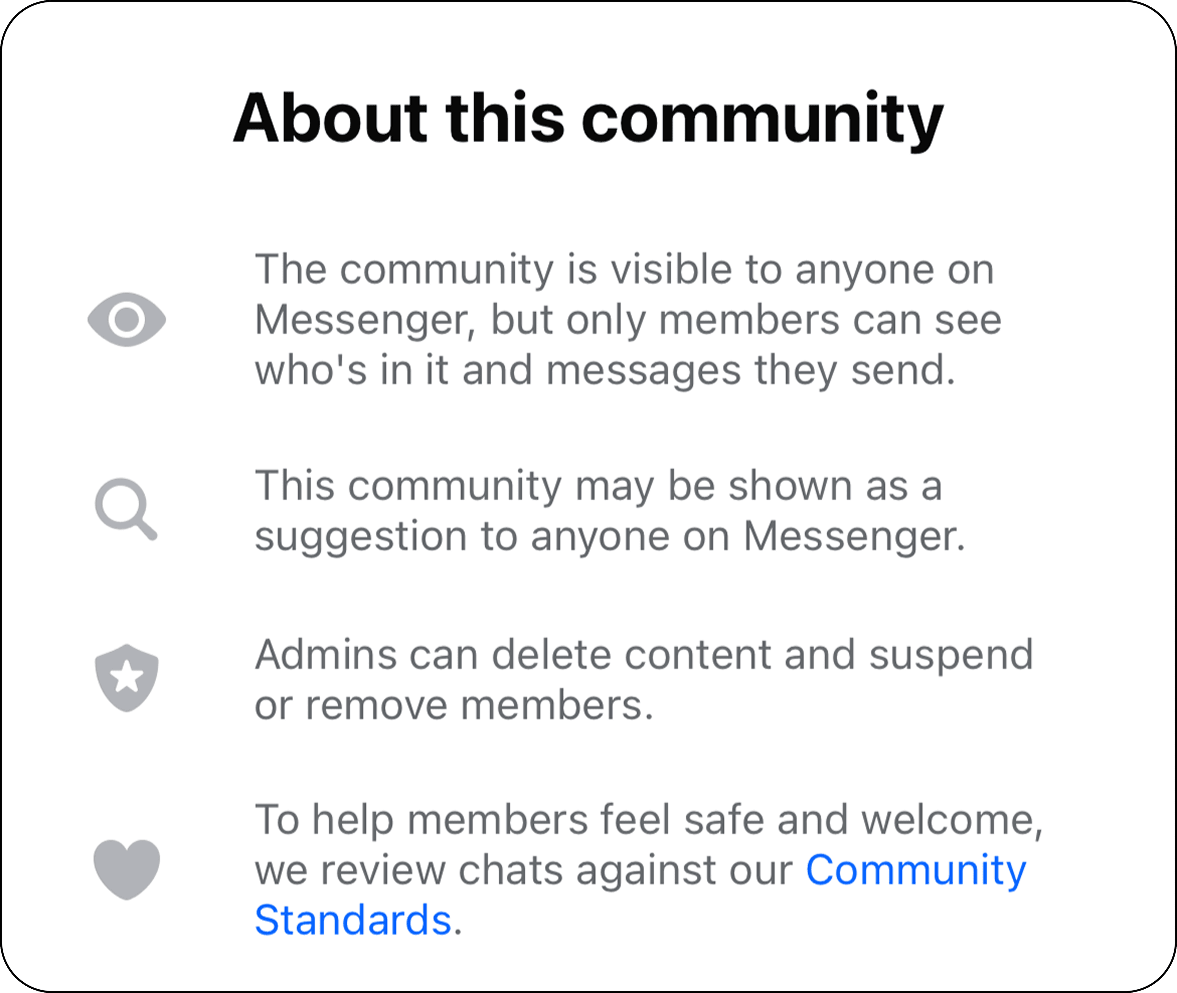 About this community panel showing visibility and safety disclosures