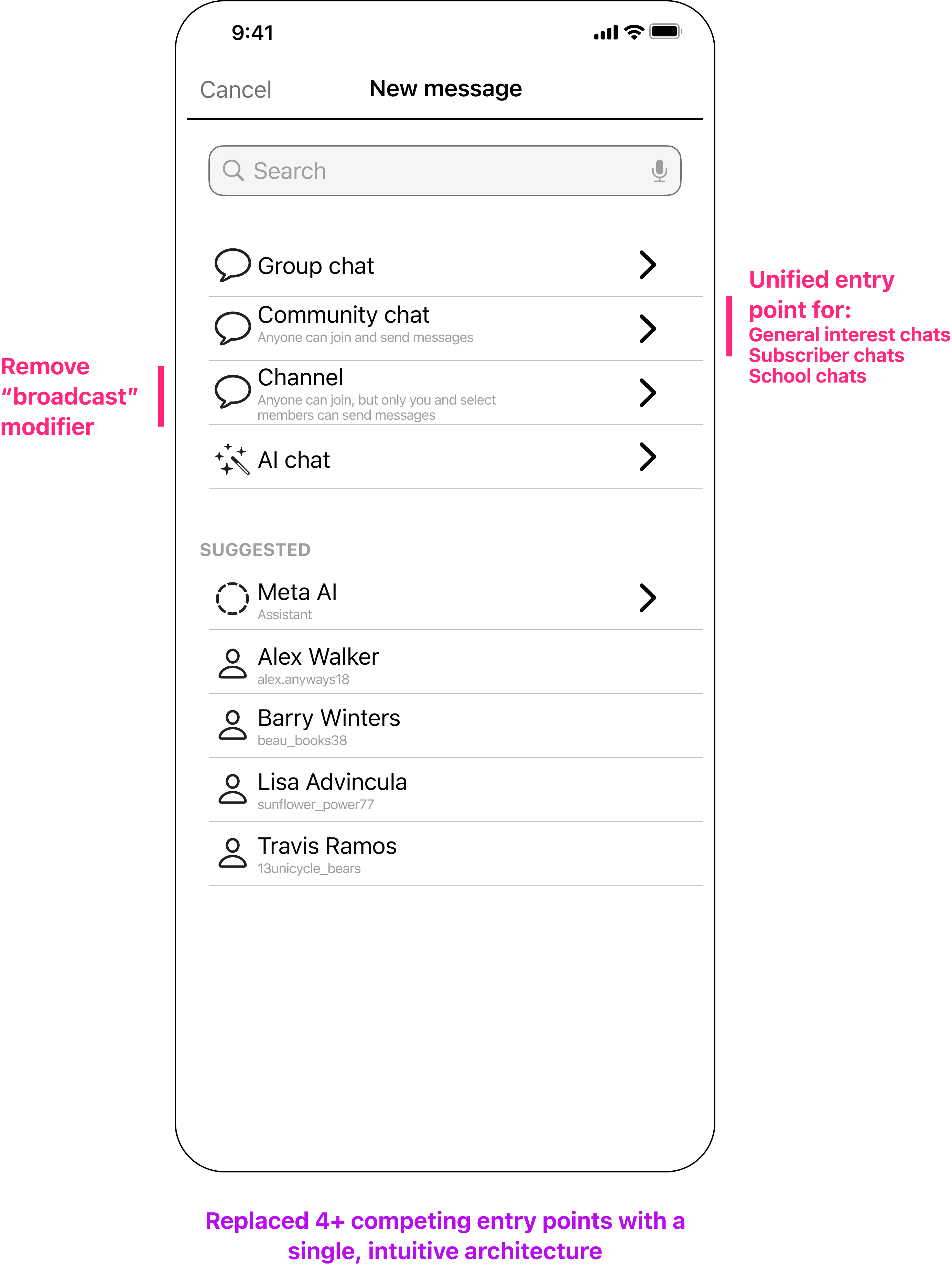 Annotated phone wireframe showing the omnipicker designed to scale naming across new verticals